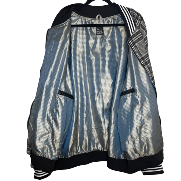The Sewing Brothers 3XL Plaid Bomber Varsity Jacket Full Zip Striped Black White - Picture 3 of 6